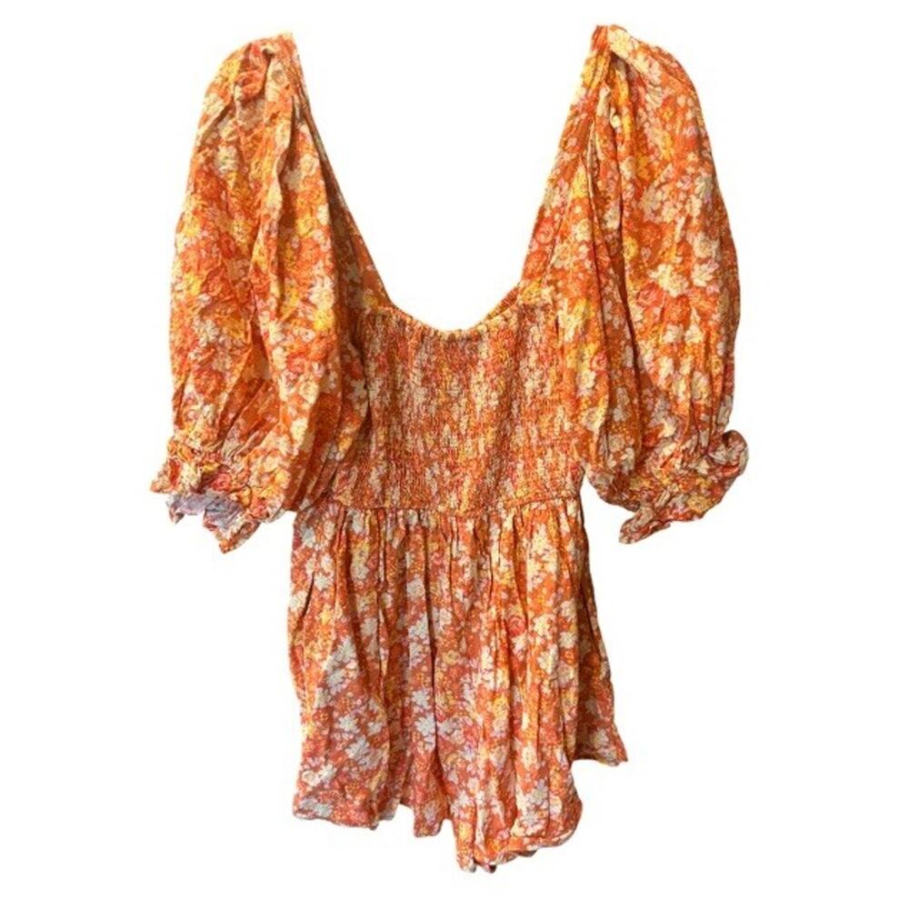 Free People $148 Show Me Love Orange Floral Puff Sleeve Romper Front Ties XL - Picture 2 of 5